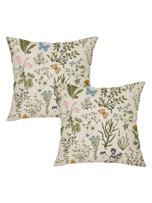 2 Pieces Green Wildflowers Plant Pillow Covers, Seasonal Floral Outdoor Decorative Square Farmhouse Cushion Cases For Home Sofa Couch (Inserts Not Included) Christmas For Holiday Gift Giving