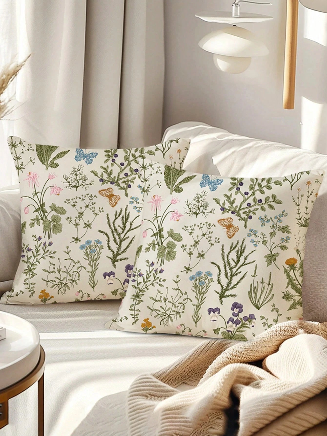 2 Pieces Green Wildflowers Plant Pillow Covers, Seasonal Floral Outdoor Decorative Square Farmhouse Cushion Cases For Home Sofa Couch (Inserts Not Included) Christmas For Holiday Gift Giving