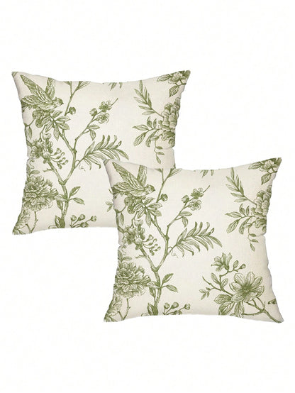 2 Pieces Green Wildflowers Plant Pillow Covers, Seasonal Floral Outdoor Decorative Square Farmhouse Cushion Cases For Home Sofa Couch (Inserts Not Included) Christmas For Holiday Gift Giving