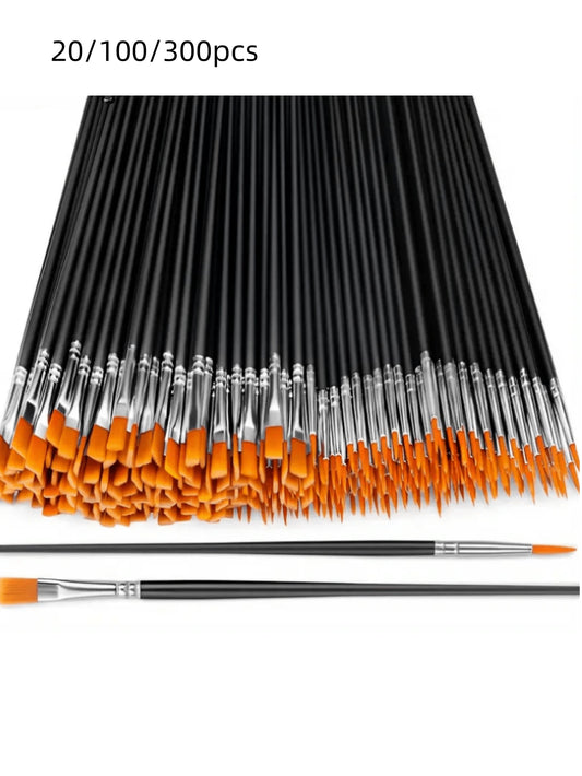 20/100/300pcs Black Nylon Hair Paint Brush With Flat & Round Tip Acrylic Paint Brush For Oil Painting, Watercolor, Face Artist Professional Set, Craft Paint Brush For Acrylic, Oil Painting, Watercolor