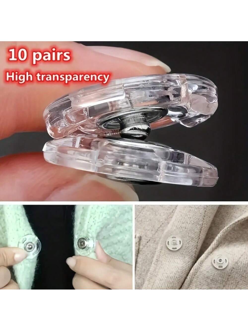 20/10Pcs Ultra Clear Invisible Snap Buttons, Anti Exposure Hidden Plastic Fasteners, Transparent Hidden Stud Buttons Sewing Accessories For Sweaters, Cardigans, Shirts, Blouses, Dresses, Skirts, DIY C