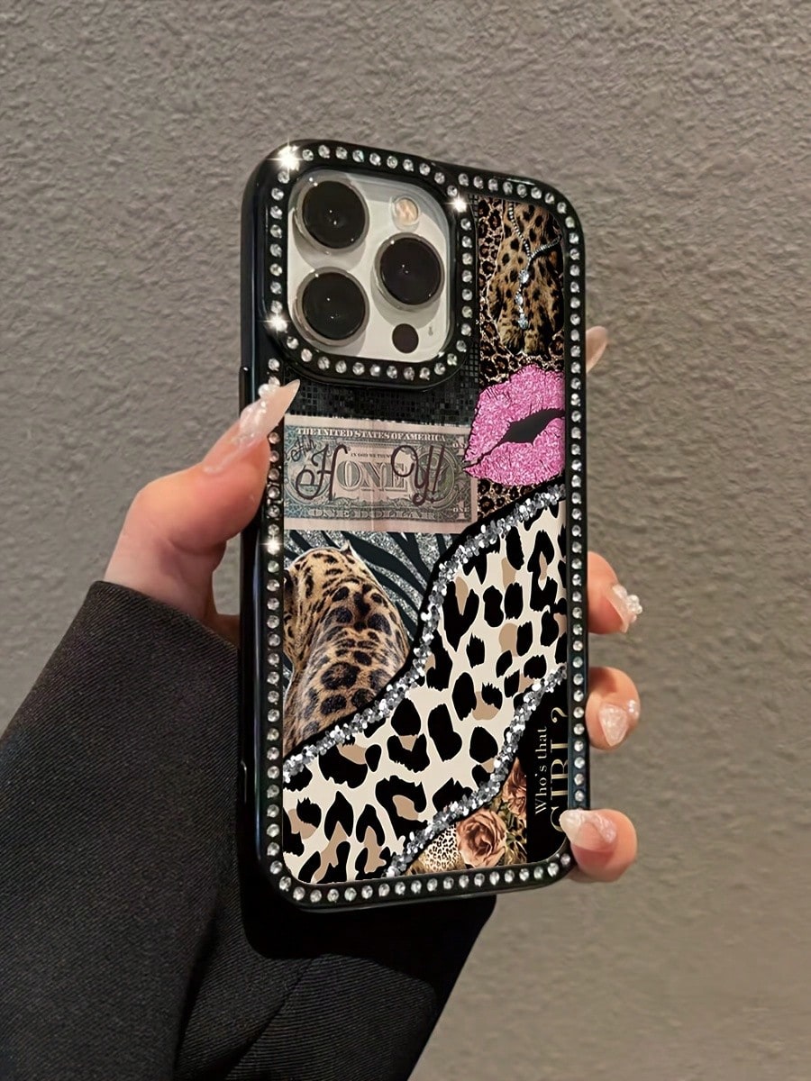 2026 New Luxury Fashion Leopard Print Dollar Rhinestone Transparent Black Full-Cover Phone Case, Sparkling Rhinestone, Anti-Yellowing, Drop-Proof, Shockproof, Camera Protection. Compatible With IPhone