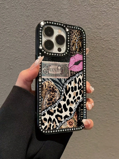 2026 New Luxury Fashion Leopard Print Dollar Rhinestone Transparent Black Full-Cover Phone Case, Sparkling Rhinestone, Anti-Yellowing, Drop-Proof, Shockproof, Camera Protection. Compatible With IPhone