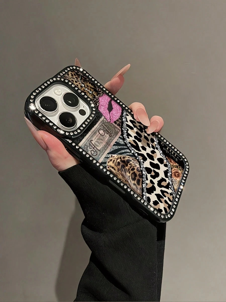 2026 New Luxury Fashion Leopard Print Dollar Rhinestone Transparent Black Full-Cover Phone Case, Sparkling Rhinestone, Anti-Yellowing, Drop-Proof, Shockproof, Camera Protection. Compatible With IPhone