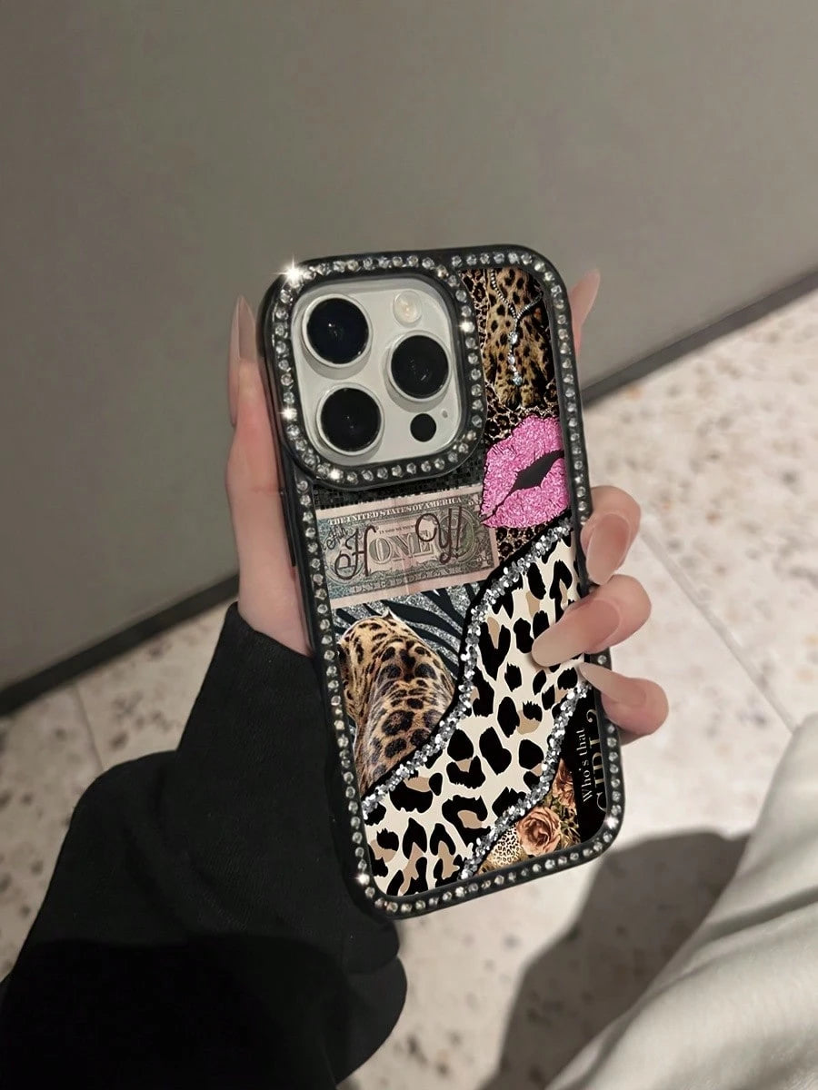 2026 New Luxury Fashion Leopard Print Dollar Rhinestone Transparent Black Full-Cover Phone Case, Sparkling Rhinestone, Anti-Yellowing, Drop-Proof, Shockproof, Camera Protection. Compatible With IPhone