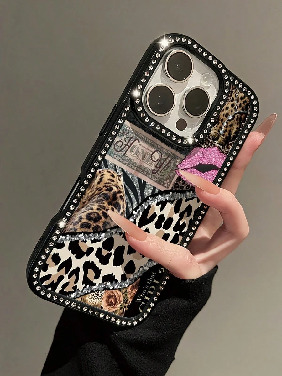 2026 New Luxury Fashion Leopard Print Dollar Rhinestone Transparent Black Full-Cover Phone Case, Sparkling Rhinestone, Anti-Yellowing, Drop-Proof, Shockproof, Camera Protection. Compatible With IPhone