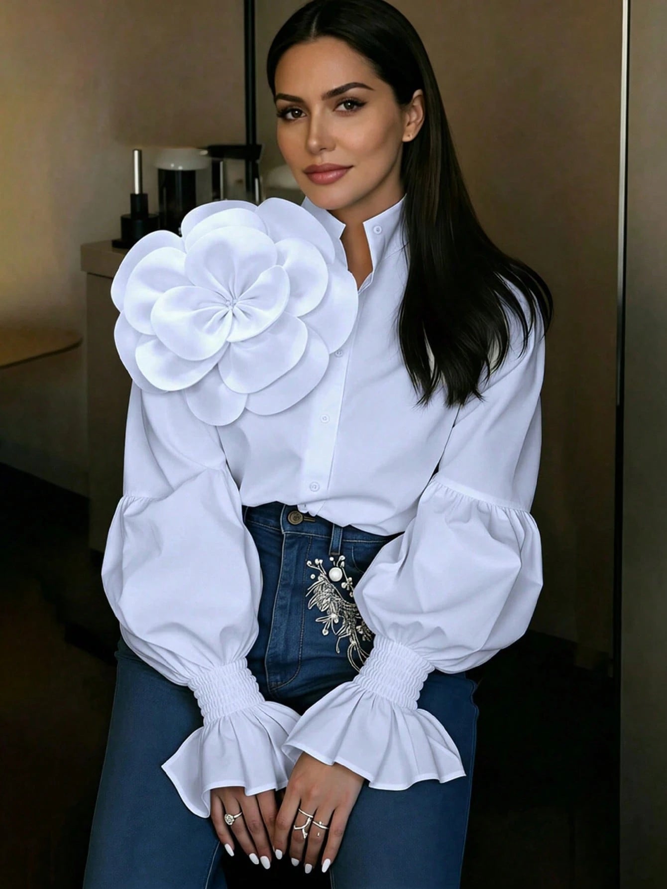 2026 New White 3D Floral Decor Puff Sleeve Shirt, Y2K Babe Aesthetic Romantic Retro Elegant Party Wear, Plus Size Friendly