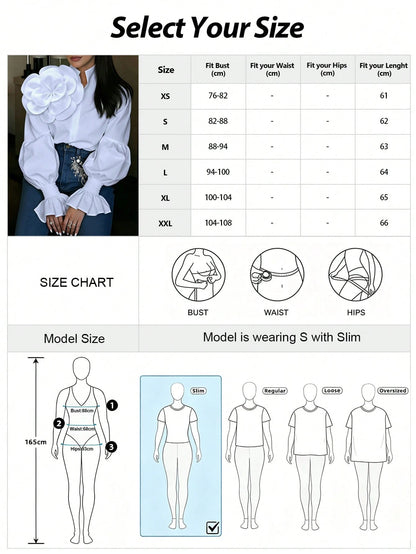 2026 New White 3D Floral Decor Puff Sleeve Shirt, Y2K Babe Aesthetic Romantic Retro Elegant Party Wear, Plus Size Friendly