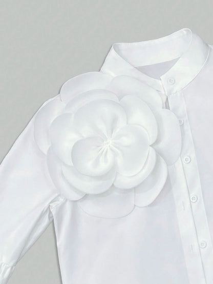 2026 New White 3D Floral Decor Puff Sleeve Shirt, Y2K Babe Aesthetic Romantic Retro Elegant Party Wear, Plus Size Friendly