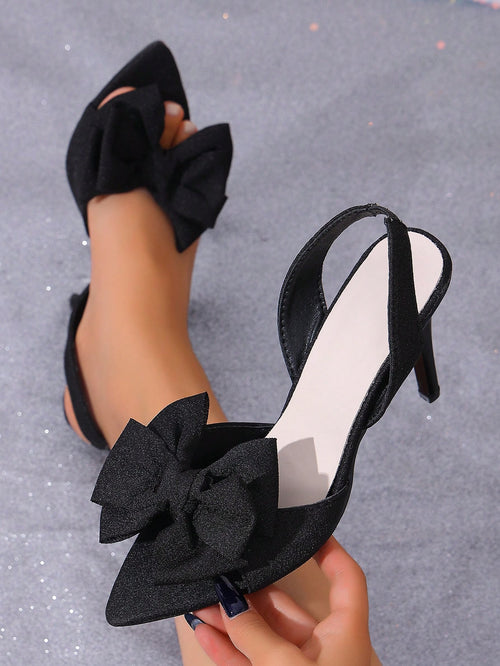 2026 Spring/Summer Fashion Pointed Toe Sexy Stiletto Heel Sandals For Women, Elegant Bowknot Decor Slingback Mules, Suitable For Valentine's Day, Wedding, Bridesmaid