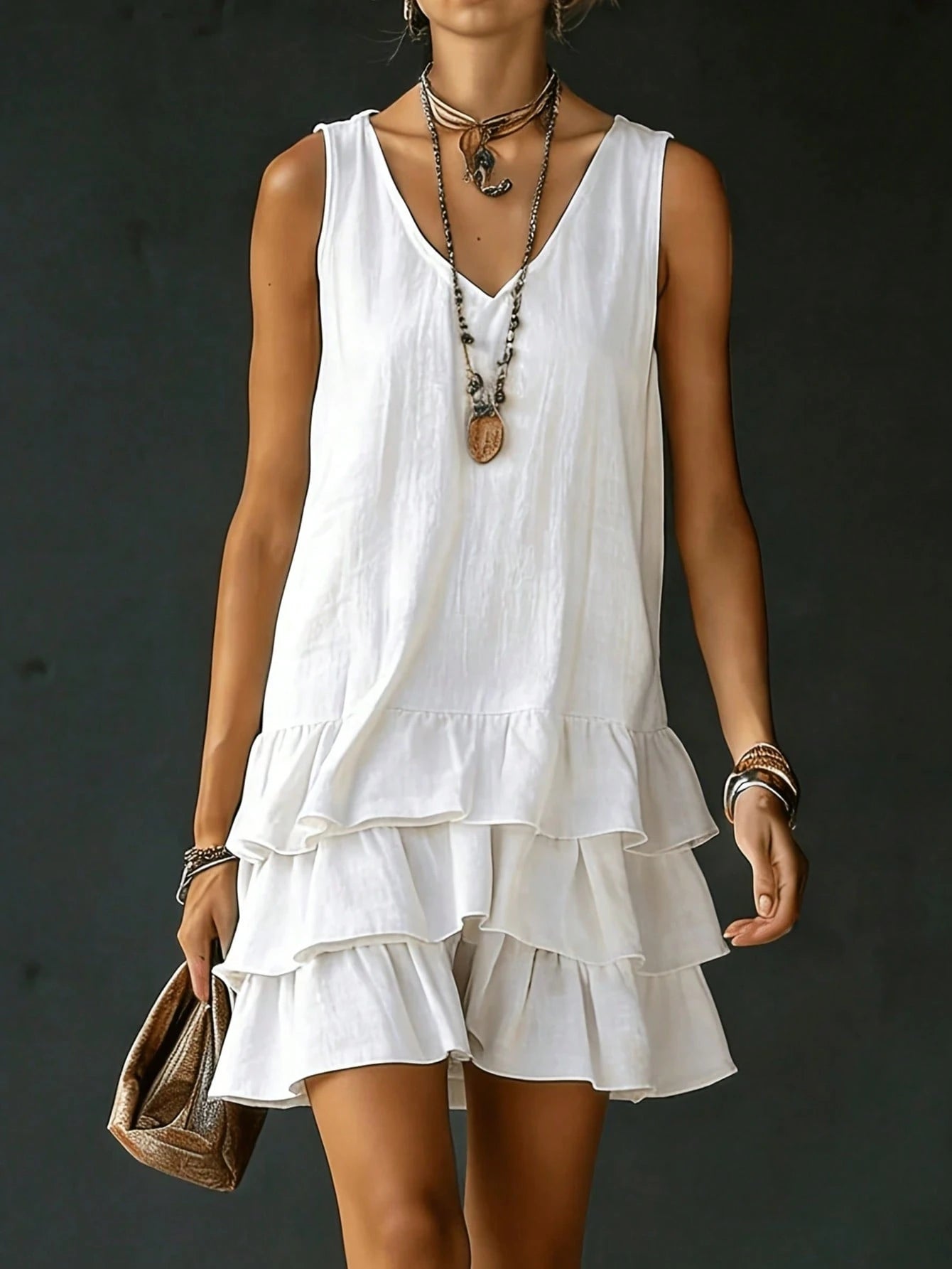 2026 Spring/Summer New V-Neck Ruffle Dress| Sleeveless Layered Short Skirt, Pretending To Be Casual For American Women
