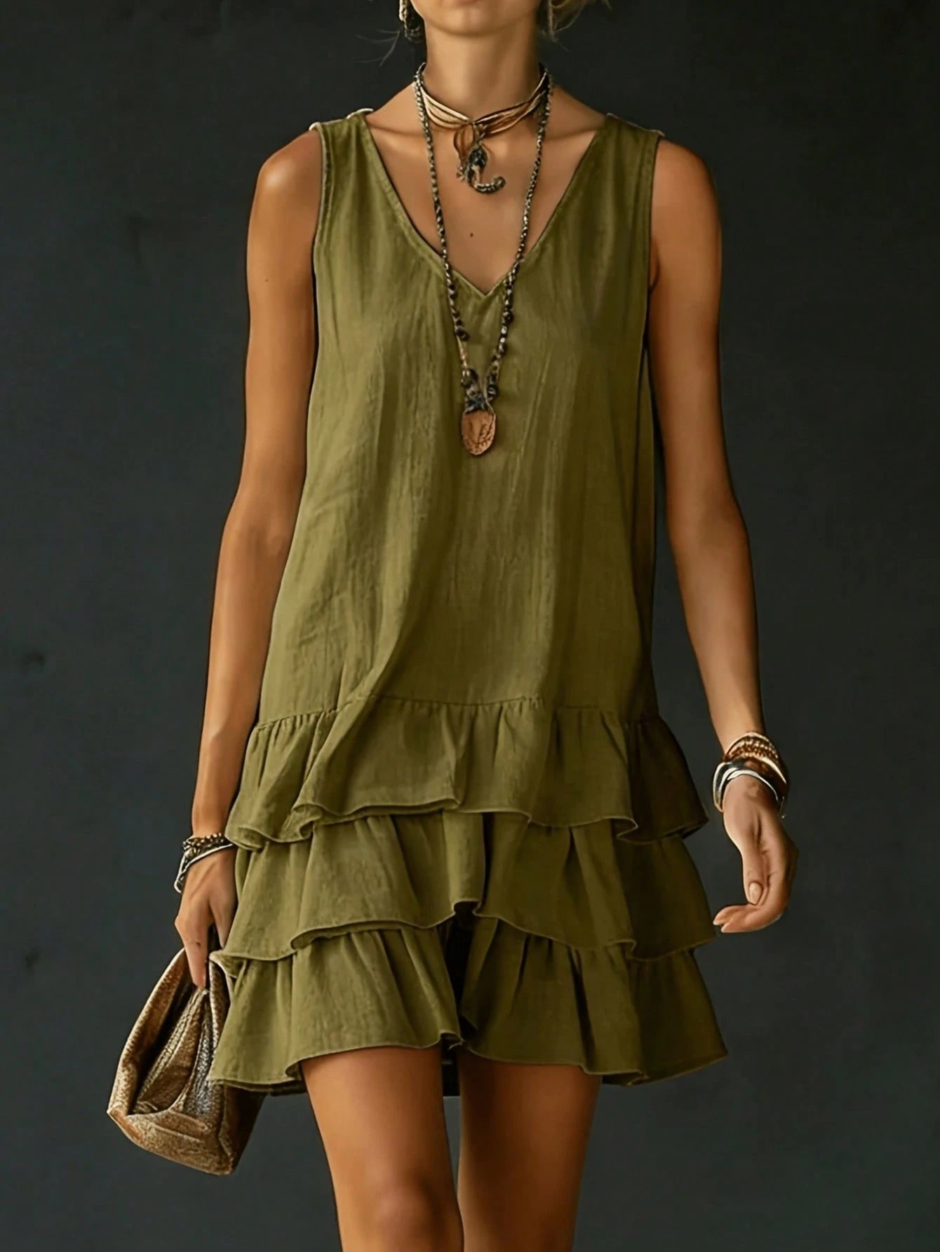 2026 Spring/Summer New V-Neck Ruffle Dress| Sleeveless Layered Short Skirt, Pretending To Be Casual For American Women