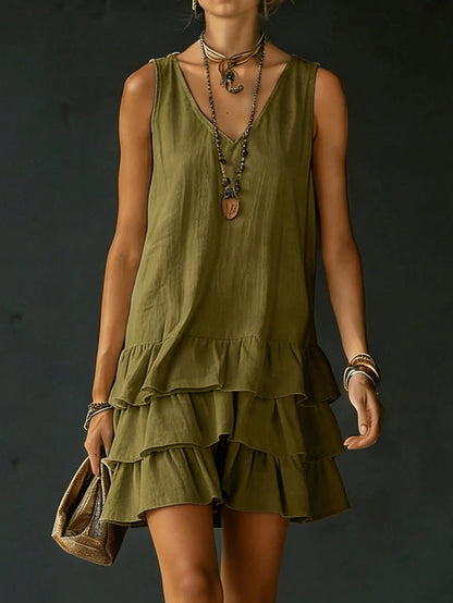 2026 Spring/Summer New V-Neck Ruffle Dress| Sleeveless Layered Short Skirt, Pretending To Be Casual For American Women