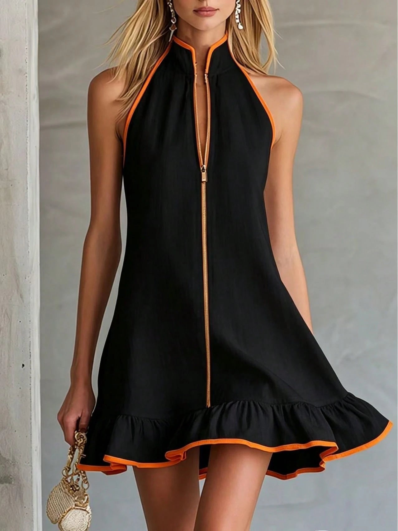 2026 Summer New Contrast Trim Halter Neck Full Zip Sleeveless Ruffle Hem Mini Dress