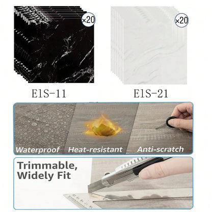20Pcs/40Pcs 30*30cm Self-Adhesive Wall & Floor Tiles, 3D Marble Ceramic Texture Vinyl Sticker, Aluminum Foil Foam Cushioning Backing, Waterproof Fireproof Moisture-Proof, Easy Peel And Stick DIY Decor