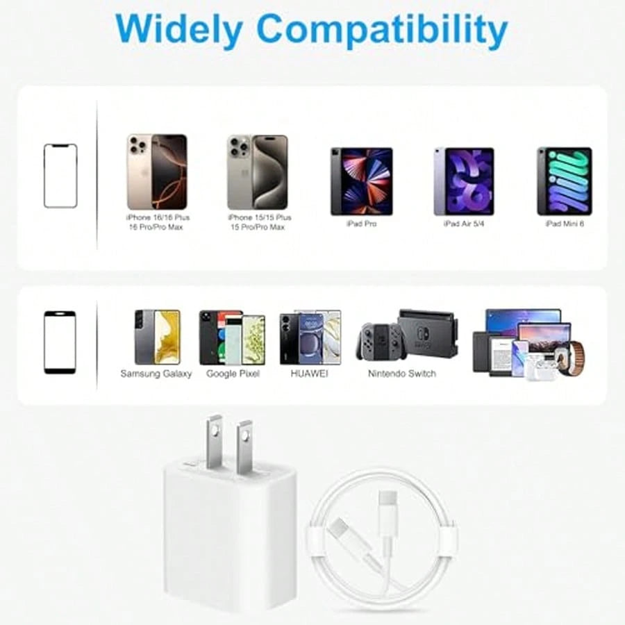 20W Fast Charging Set: USB C Wall Charger + 10Ft/300cm USB C To Type C Cable, Compatible With IPhone 17 Pro Max/17 Pro/17/16/15 Pro Max/15 Pro/15 Plus/15, Type-C Devices