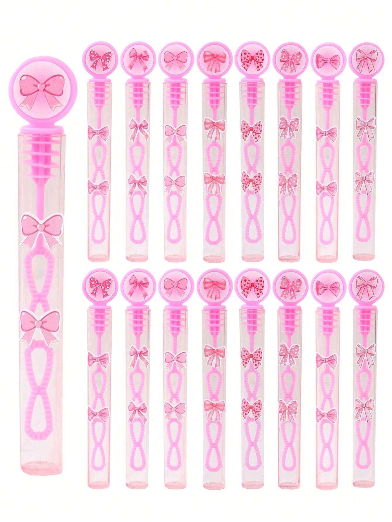 24/48pcs Pink Bow Pattern Baby Shower Bubble Wands, Pink Bow Pattern 1st Birthday Party DIY Bubble Wands (Bubble Solution Not Included), DIY Transparent Bubble Blowing Tubes Party Bubble Blowing Tubes