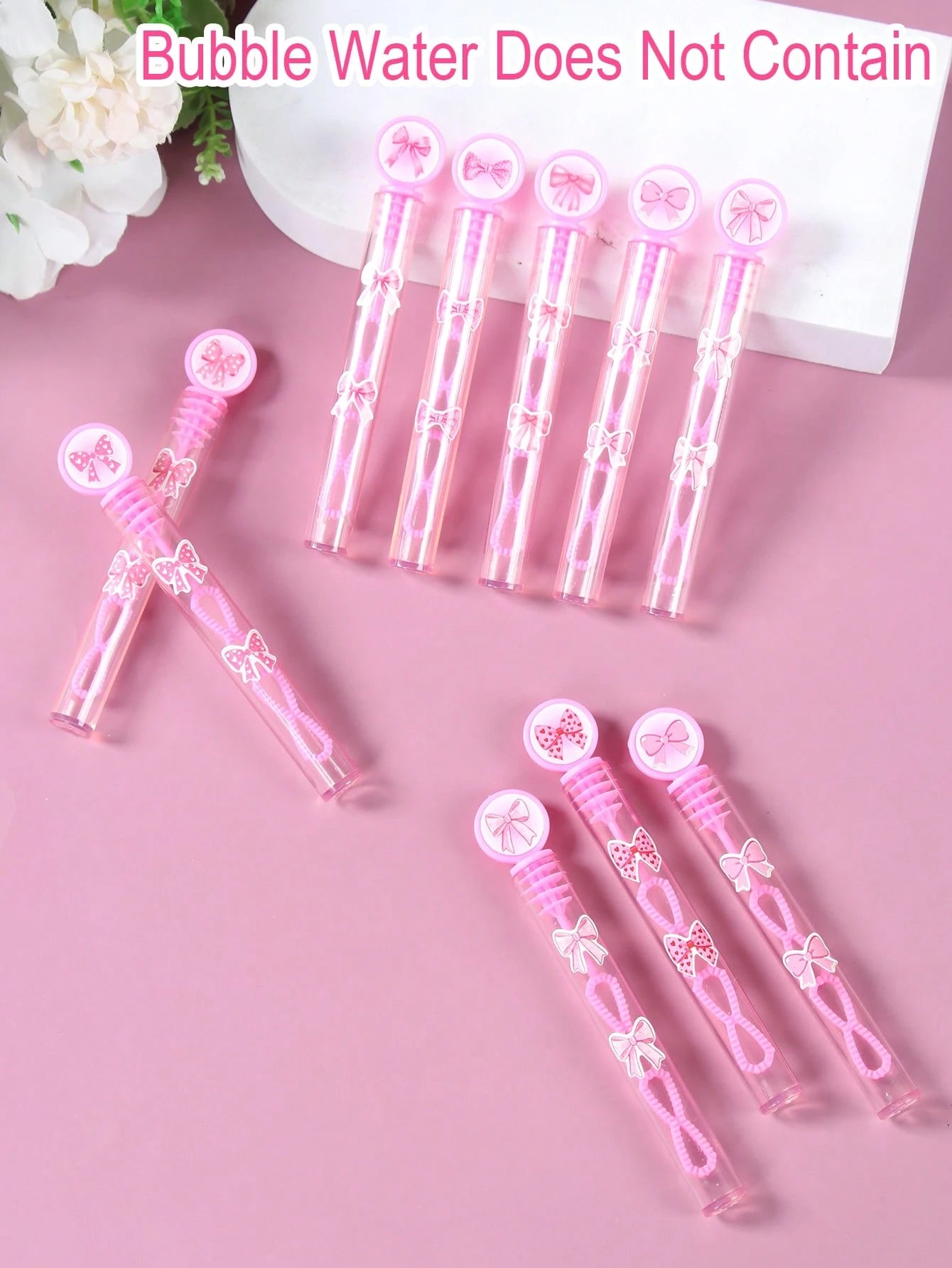 24/48pcs Pink Bow Pattern Baby Shower Bubble Wands, Pink Bow Pattern 1st Birthday Party DIY Bubble Wands (Bubble Solution Not Included), DIY Transparent Bubble Blowing Tubes Party Bubble Blowing Tubes