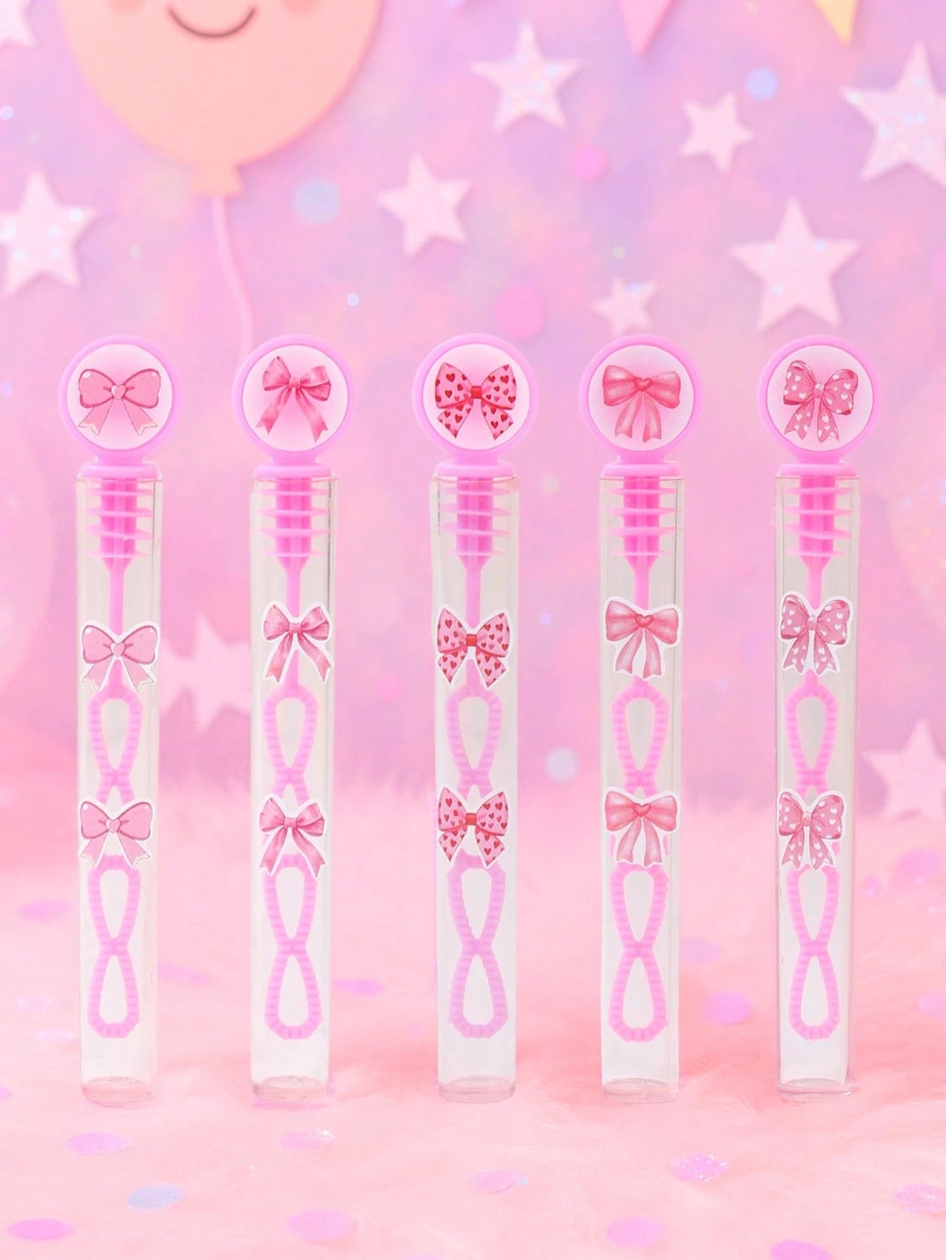 24/48pcs Pink Bow Pattern Baby Shower Bubble Wands, Pink Bow Pattern 1st Birthday Party DIY Bubble Wands (Bubble Solution Not Included), DIY Transparent Bubble Blowing Tubes Party Bubble Blowing Tubes