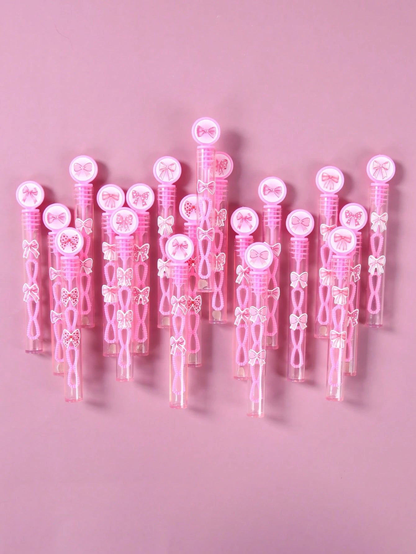 24/48pcs Pink Bow Pattern Baby Shower Bubble Wands, Pink Bow Pattern 1st Birthday Party DIY Bubble Wands (Bubble Solution Not Included), DIY Transparent Bubble Blowing Tubes Party Bubble Blowing Tubes