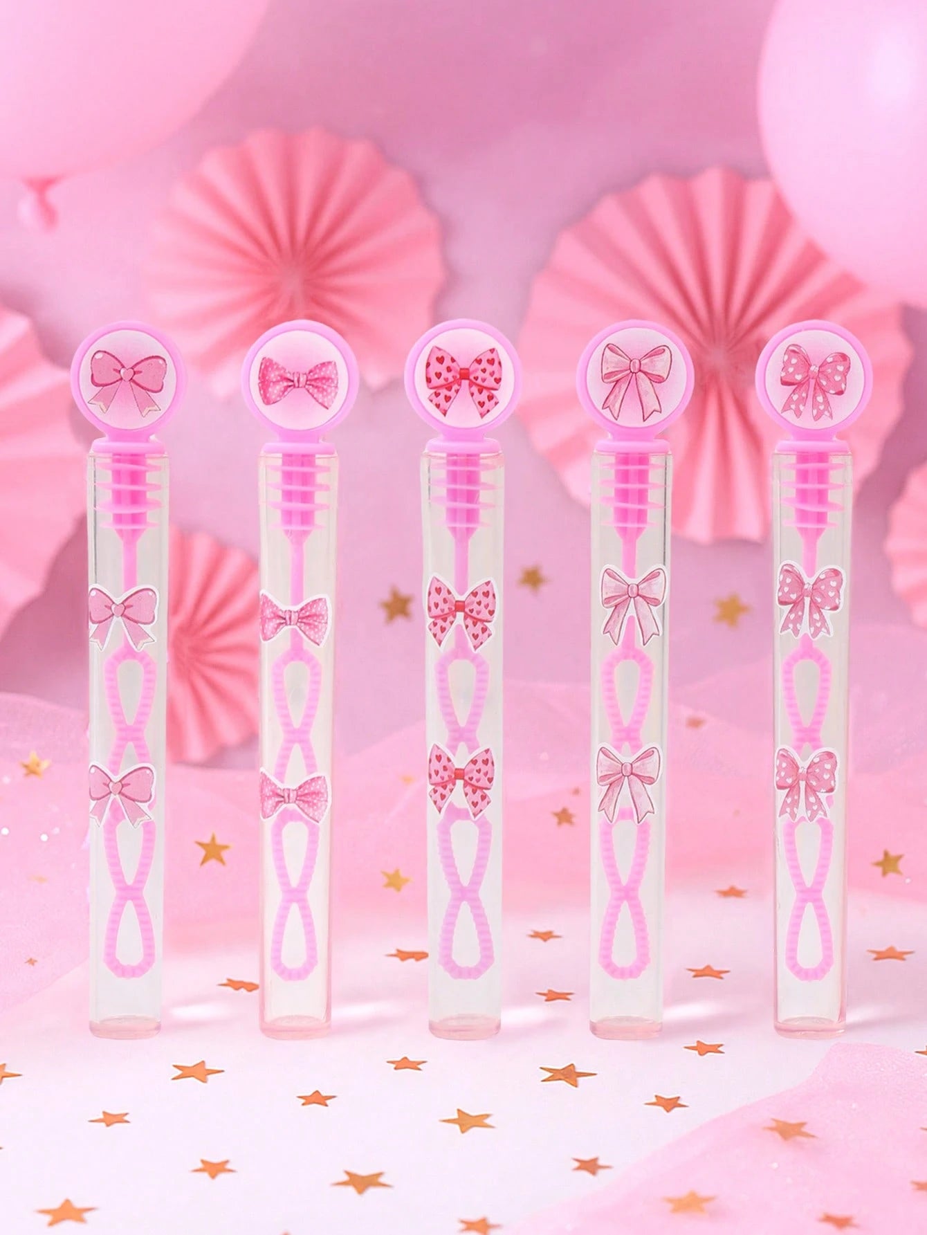 24/48pcs Pink Bow Pattern Baby Shower Bubble Wands, Pink Bow Pattern 1st Birthday Party DIY Bubble Wands (Bubble Solution Not Included), DIY Transparent Bubble Blowing Tubes Party Bubble Blowing Tubes