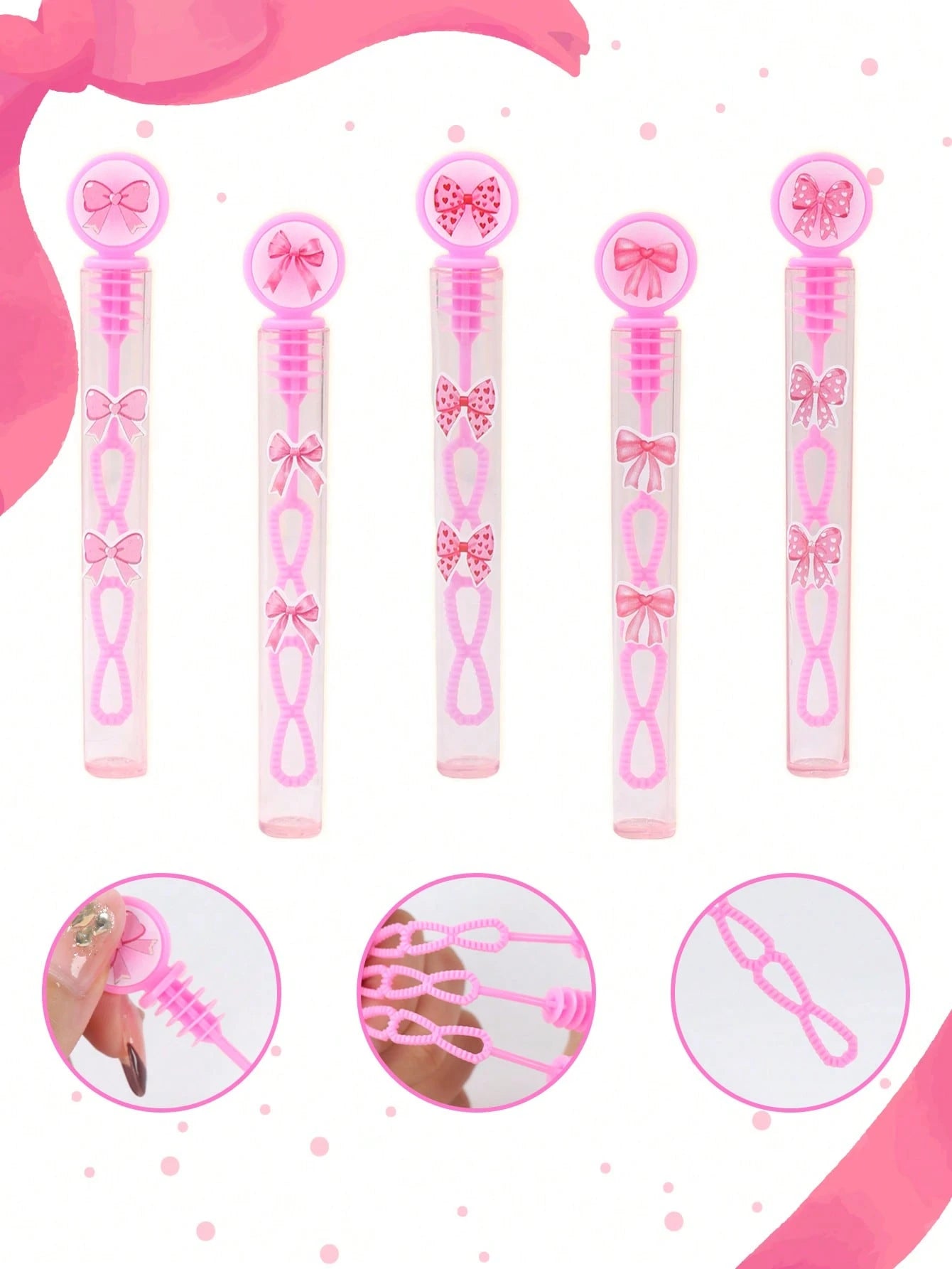 24/48pcs Pink Bow Pattern Baby Shower Bubble Wands, Pink Bow Pattern 1st Birthday Party DIY Bubble Wands (Bubble Solution Not Included), DIY Transparent Bubble Blowing Tubes Party Bubble Blowing Tubes