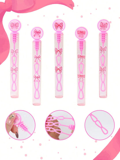 24/48pcs Pink Bow Pattern Baby Shower Bubble Wands, Pink Bow Pattern 1st Birthday Party DIY Bubble Wands (Bubble Solution Not Included), DIY Transparent Bubble Blowing Tubes Party Bubble Blowing Tubes