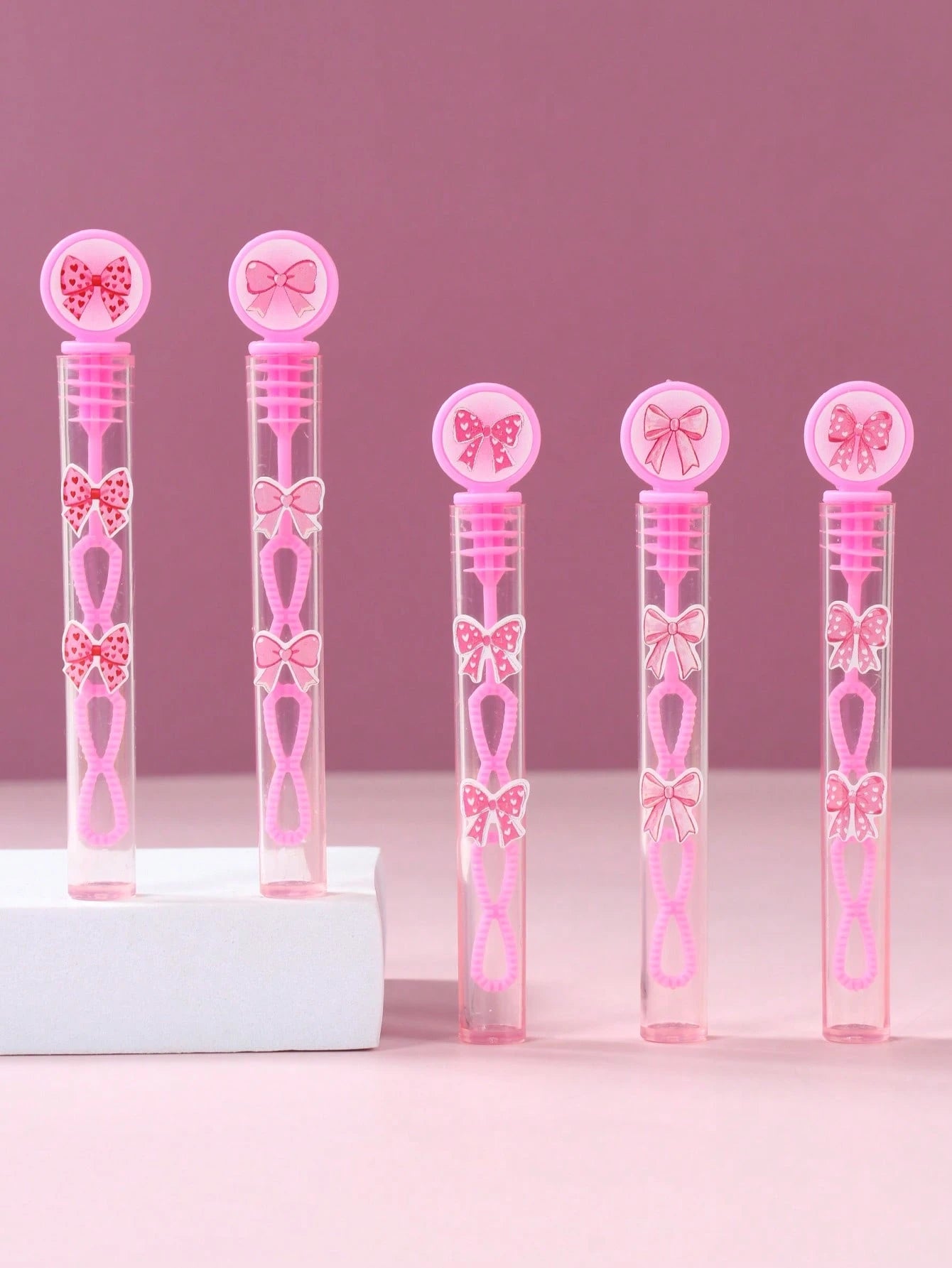 24/48pcs Pink Bow Pattern Baby Shower Bubble Wands, Pink Bow Pattern 1st Birthday Party DIY Bubble Wands (Bubble Solution Not Included), DIY Transparent Bubble Blowing Tubes Party Bubble Blowing Tubes