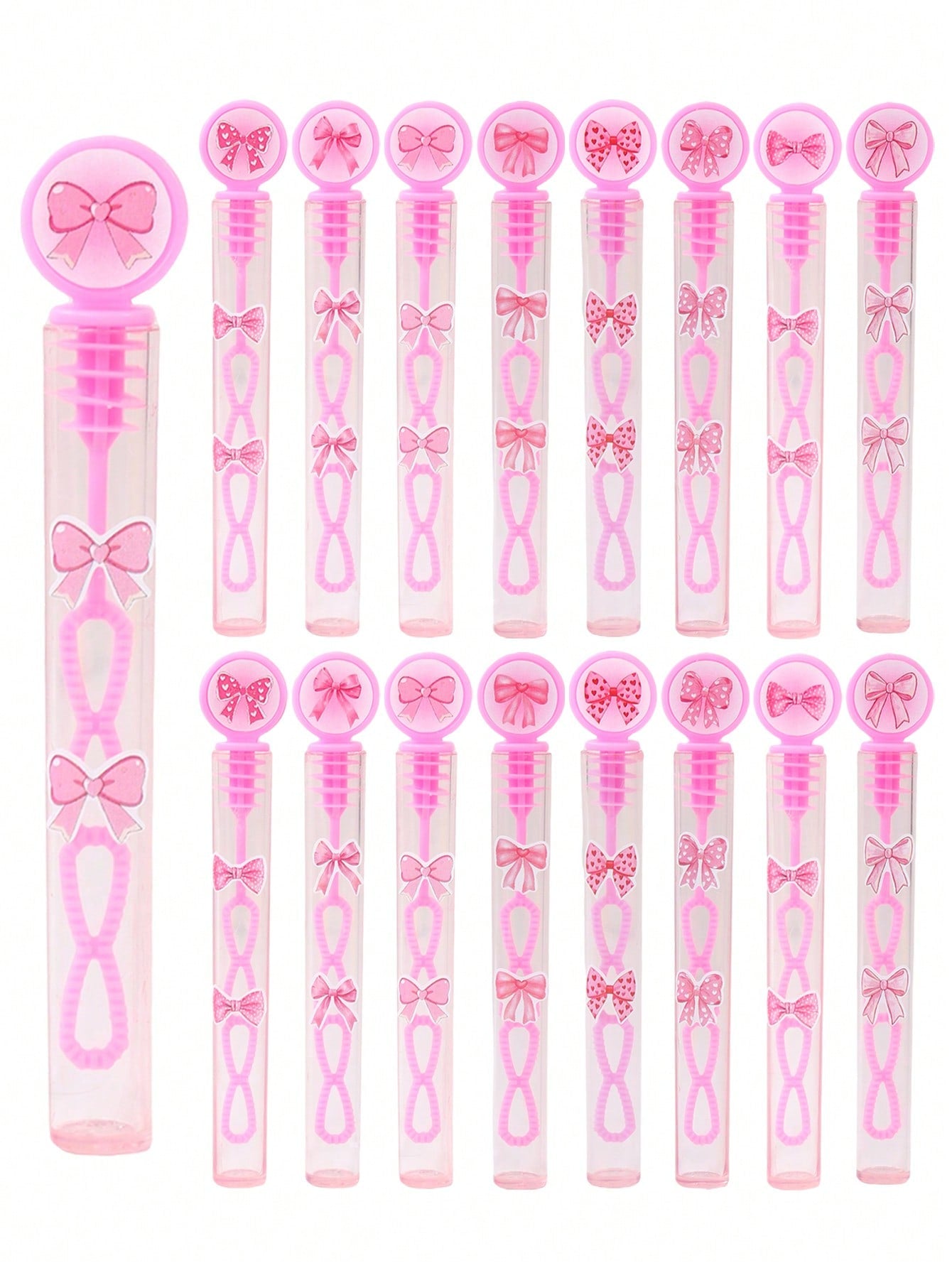24/48pcs Pink Bow Pattern Baby Shower Bubble Wands, Pink Bow Pattern 1st Birthday Party DIY Bubble Wands (Bubble Solution Not Included), DIY Transparent Bubble Blowing Tubes Party Bubble Blowing Tubes