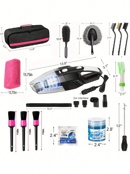 25pcs Car Cleaning Wash Kit Interior Detailing Set With High Power Handheld Vacuum Windshield Tool Gel Tire Brush Complete Car Care Tools Gift Kit