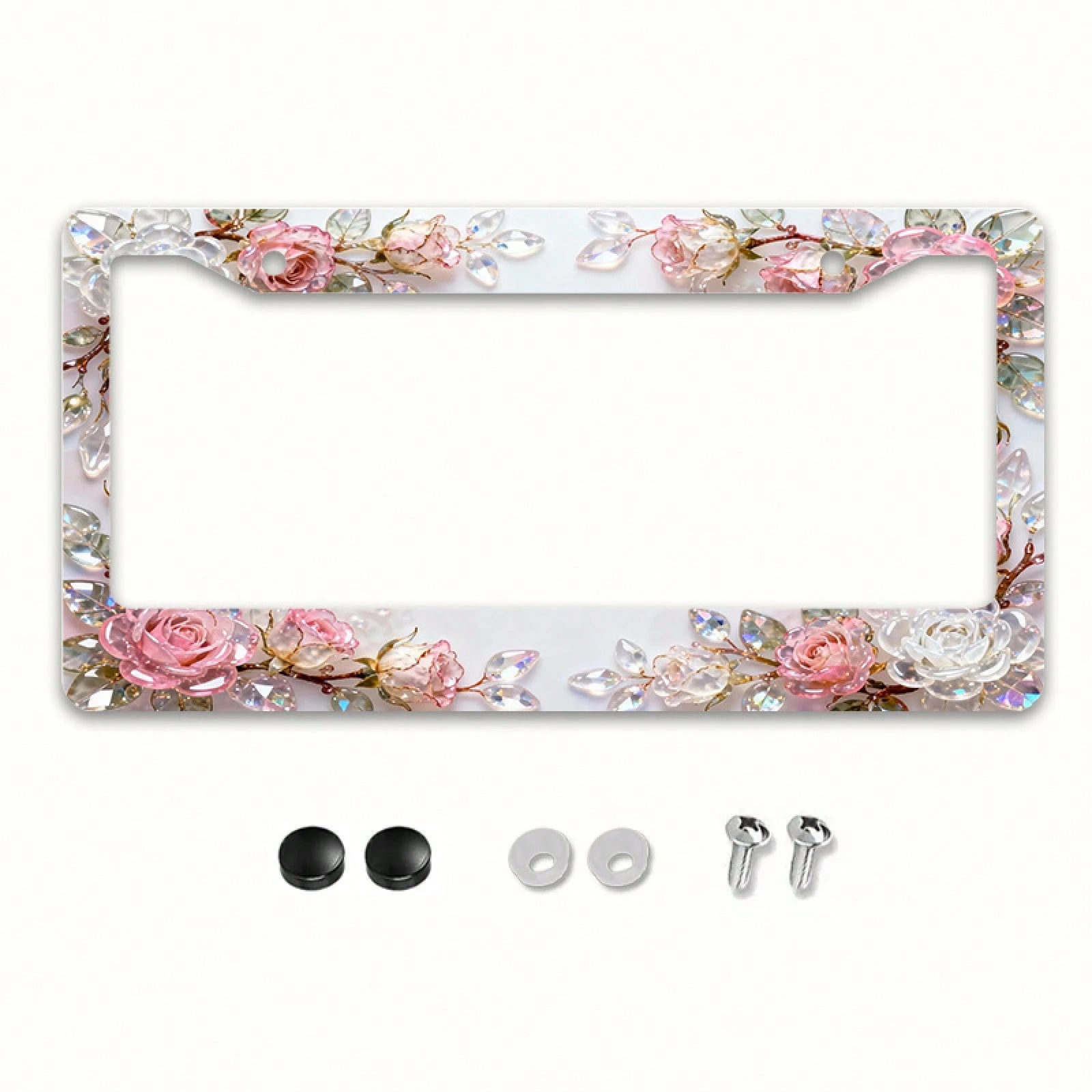 2D Design, 1pc Metal License Plate Frame Adds Romantic Charm, Pink Crystal Rose Decoration, Car Decoration Accessory Suitable For North America And Most International Vehicles, Includes Mounting Screw