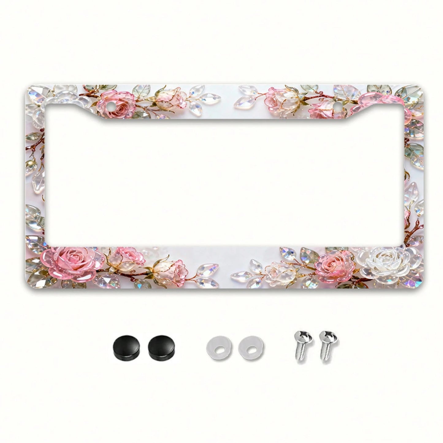 2D Design, 1pc Metal License Plate Frame Adds Romantic Charm, Pink Crystal Rose Decoration, Car Decoration Accessory Suitable For North America And Most International Vehicles, Includes Mounting Screw