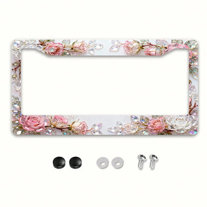 2D Design, 1pc Metal License Plate Frame Adds Romantic Charm, Pink Crystal Rose Decoration, Car Decoration Accessory Suitable For North America And Most International Vehicles, Includes Mounting Screw