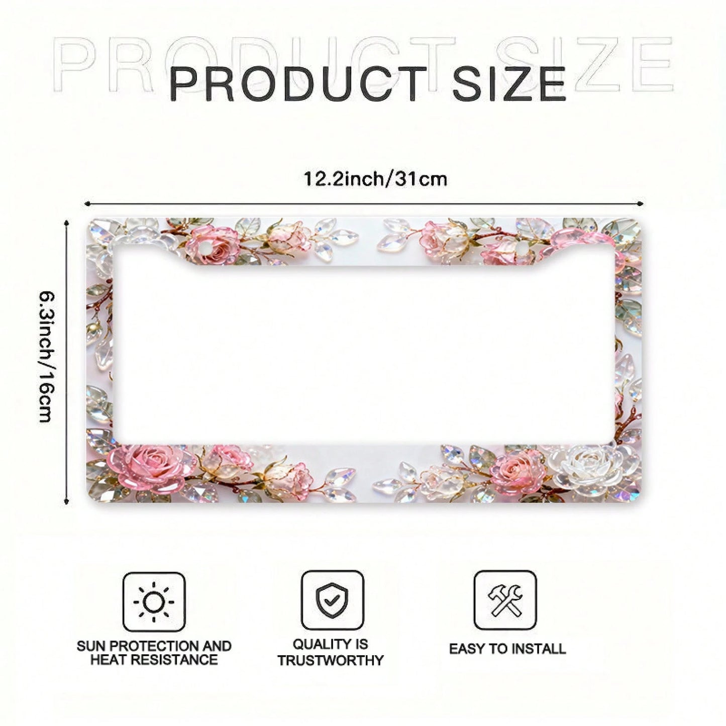 2D Design, 1pc Metal License Plate Frame Adds Romantic Charm, Pink Crystal Rose Decoration, Car Decoration Accessory Suitable For North America And Most International Vehicles, Includes Mounting Screw