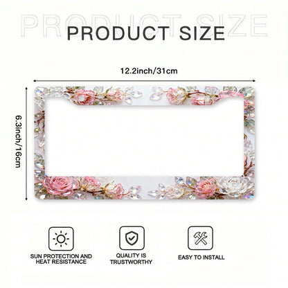 2D Design, 1pc Metal License Plate Frame Adds Romantic Charm, Pink Crystal Rose Decoration, Car Decoration Accessory Suitable For North America And Most International Vehicles, Includes Mounting Screw