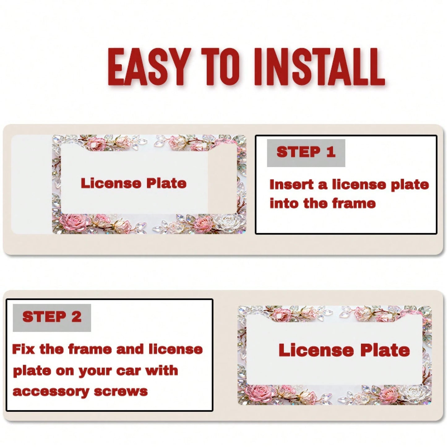 2D Design, 1pc Metal License Plate Frame Adds Romantic Charm, Pink Crystal Rose Decoration, Car Decoration Accessory Suitable For North America And Most International Vehicles, Includes Mounting Screw