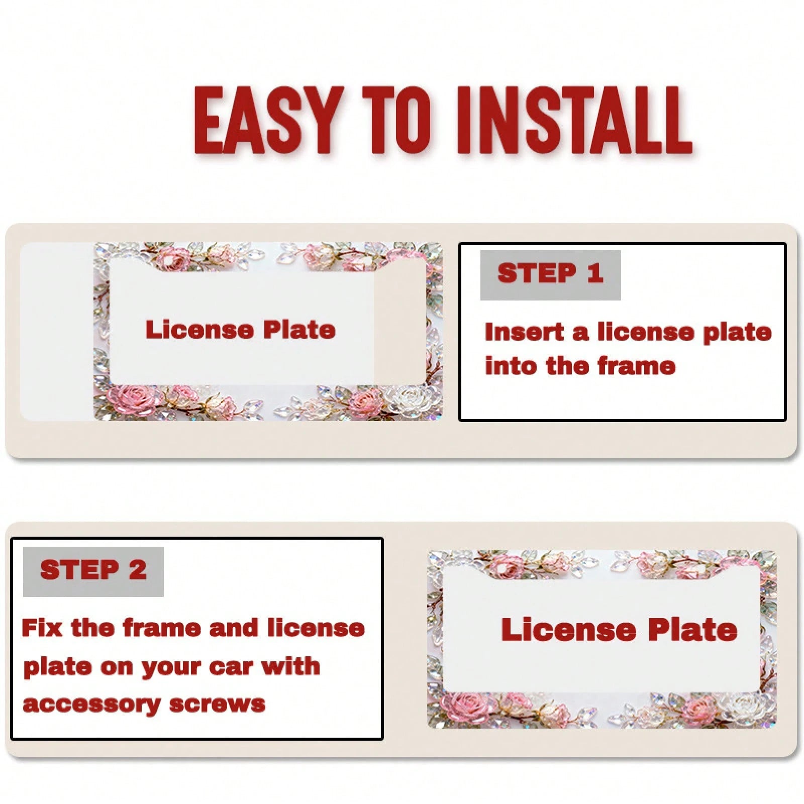 2D Design, 1pc Metal License Plate Frame Adds Romantic Charm, Pink Crystal Rose Decoration, Car Decoration Accessory Suitable For North America And Most International Vehicles, Includes Mounting Screw