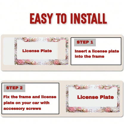 2D Design, 1pc Metal License Plate Frame Adds Romantic Charm, Pink Crystal Rose Decoration, Car Decoration Accessory Suitable For North America And Most International Vehicles, Includes Mounting Screw