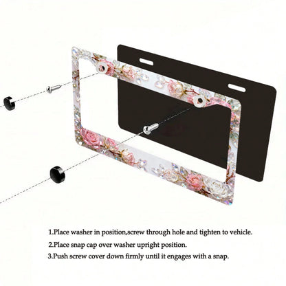 2D Design, 1pc Metal License Plate Frame Adds Romantic Charm, Pink Crystal Rose Decoration, Car Decoration Accessory Suitable For North America And Most International Vehicles, Includes Mounting Screw