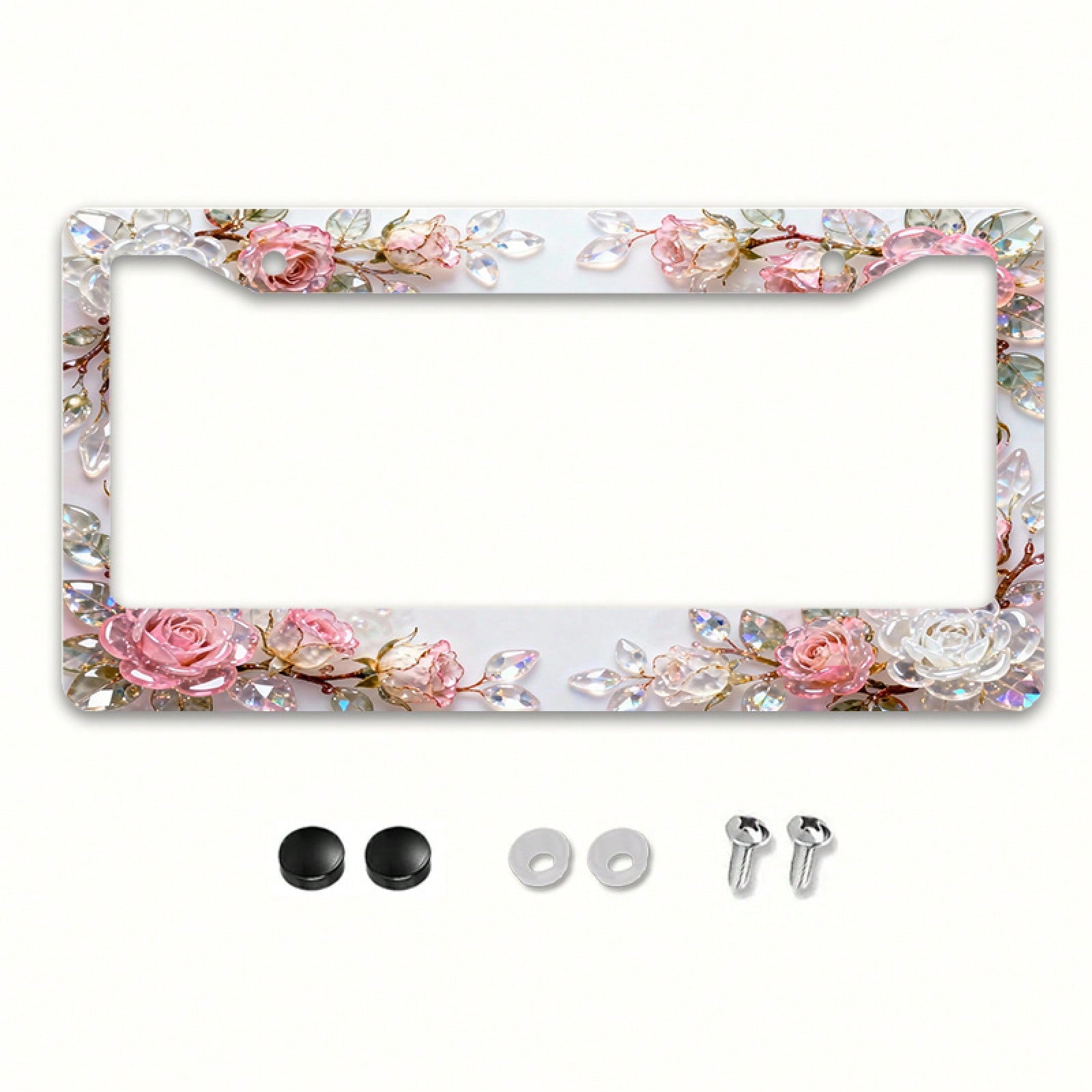 2D Design, 1pc Metal License Plate Frame Adds Romantic Charm, Pink Crystal Rose Decoration, Car Decoration Accessory Suitable For North America And Most International Vehicles, Includes Mounting Screw