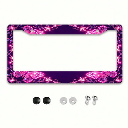 2D Flat 1pc License Plate Frame, Pink Butterflies And Glitter Lines Create A Dreamy Atmosphere, Suitable For North American And Most International Vehicles, Includes Mounting Screws, Secure Fit, UV-Re