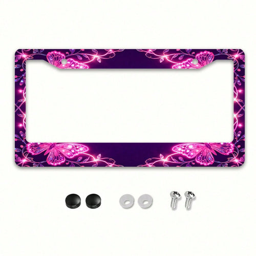 2D Flat 1pc License Plate Frame, Pink Butterflies And Glitter Lines Create A Dreamy Atmosphere, Suitable For North American And Most International Vehicles, Includes Mounting Screws, Secure Fit, UV-Re