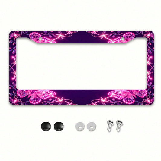 2D Flat 1pc License Plate Frame, Pink Butterflies And Glitter Lines Create A Dreamy Atmosphere, Suitable For North American And Most International Vehicles, Includes Mounting Screws, Secure Fit, UV-Re