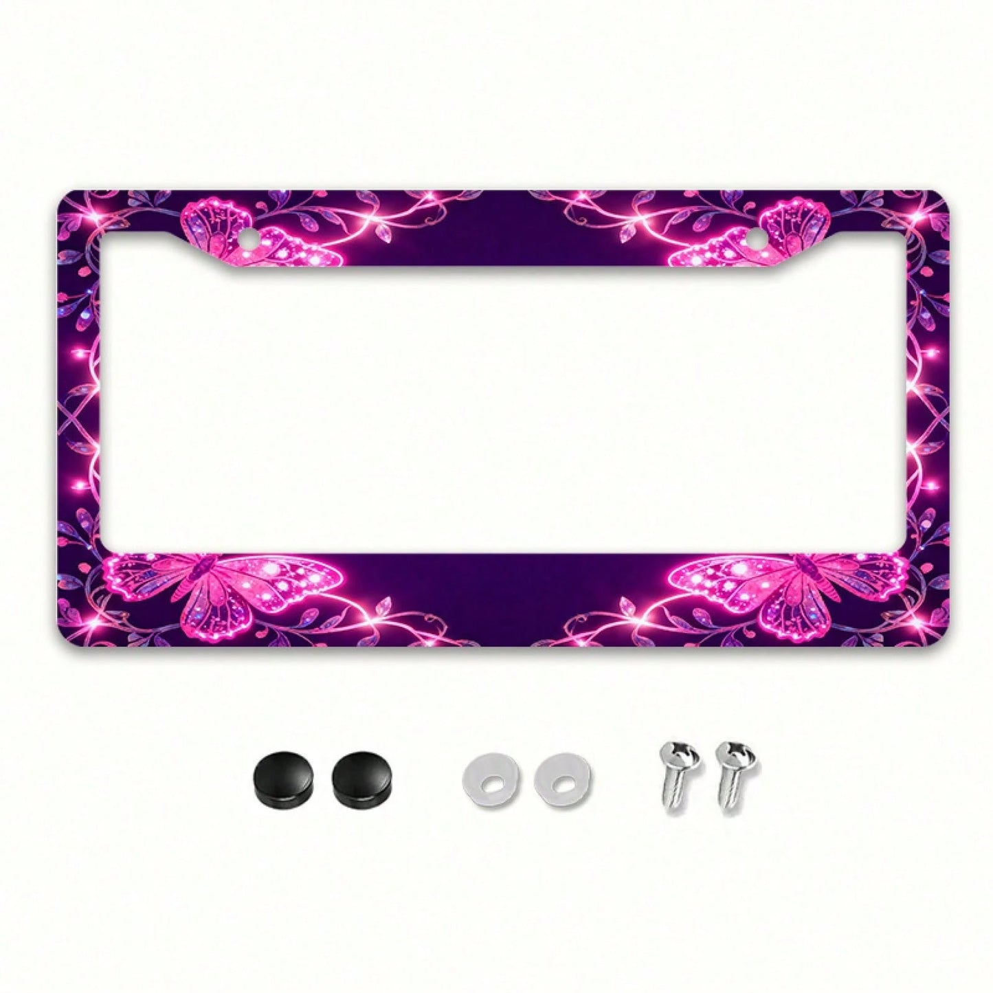 2D Flat 1pc License Plate Frame, Pink Butterflies And Glitter Lines Create A Dreamy Atmosphere, Suitable For North American And Most International Vehicles, Includes Mounting Screws, Secure Fit, UV-Re