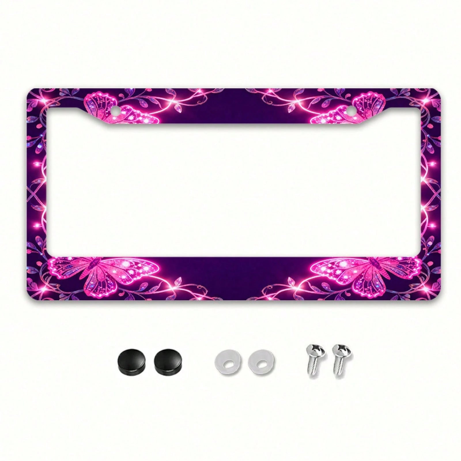 2D Flat 1pc License Plate Frame, Pink Butterflies And Glitter Lines Create A Dreamy Atmosphere, Suitable For North American And Most International Vehicles, Includes Mounting Screws, Secure Fit, UV-Re