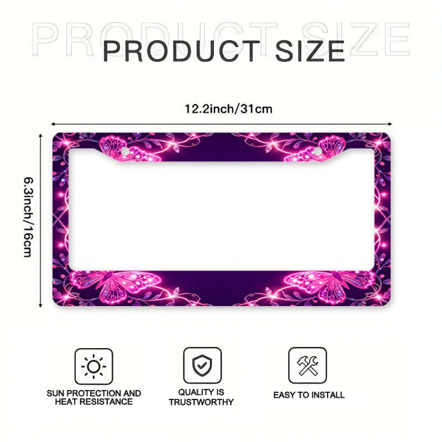 2D Flat 1pc License Plate Frame, Pink Butterflies And Glitter Lines Create A Dreamy Atmosphere, Suitable For North American And Most International Vehicles, Includes Mounting Screws, Secure Fit, UV-Re
