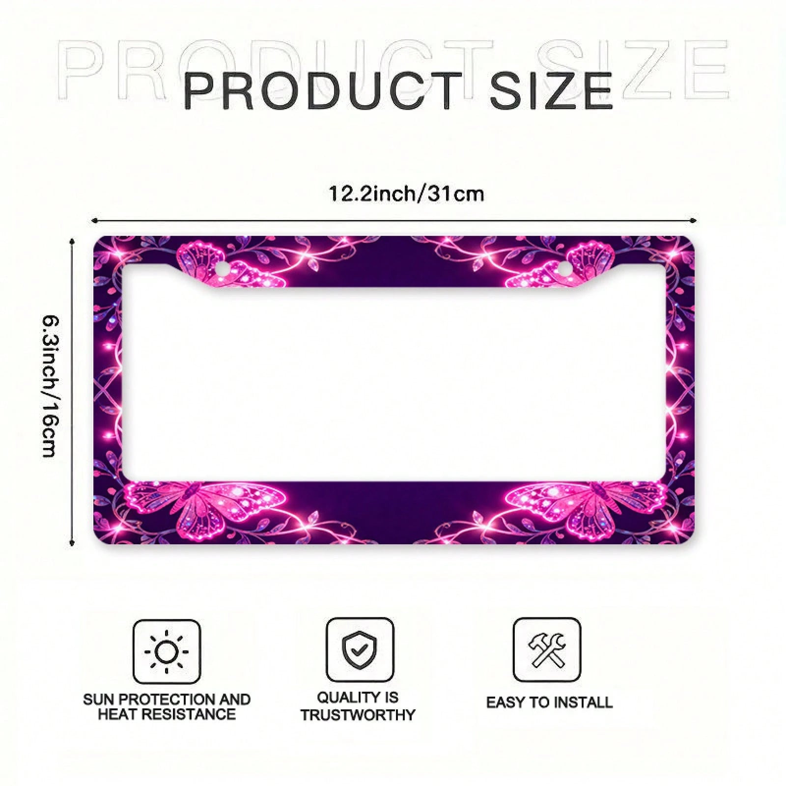 2D Flat 1pc License Plate Frame, Pink Butterflies And Glitter Lines Create A Dreamy Atmosphere, Suitable For North American And Most International Vehicles, Includes Mounting Screws, Secure Fit, UV-Re