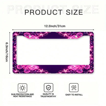 2D Flat 1pc License Plate Frame, Pink Butterflies And Glitter Lines Create A Dreamy Atmosphere, Suitable For North American And Most International Vehicles, Includes Mounting Screws, Secure Fit, UV-Re