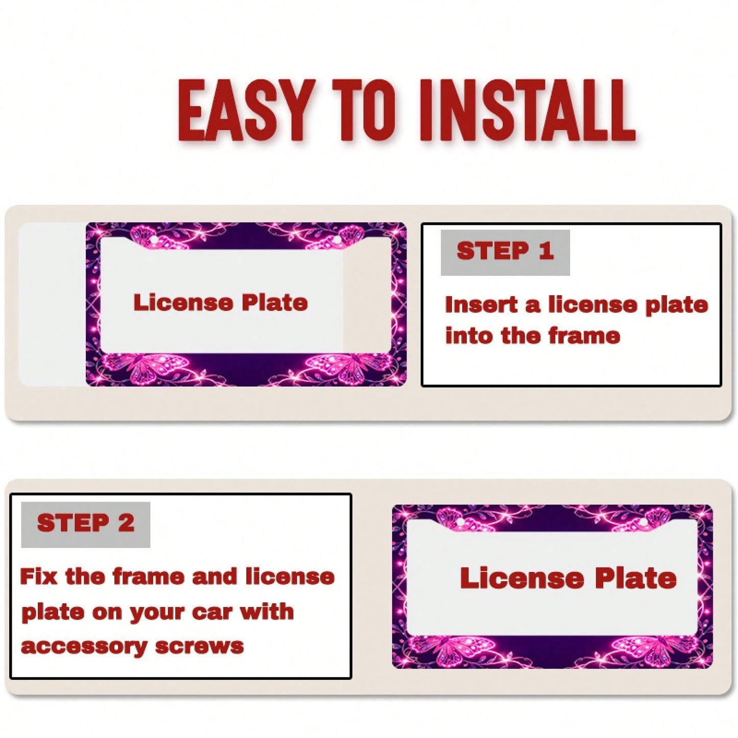 2D Flat 1pc License Plate Frame, Pink Butterflies And Glitter Lines Create A Dreamy Atmosphere, Suitable For North American And Most International Vehicles, Includes Mounting Screws, Secure Fit, UV-Re