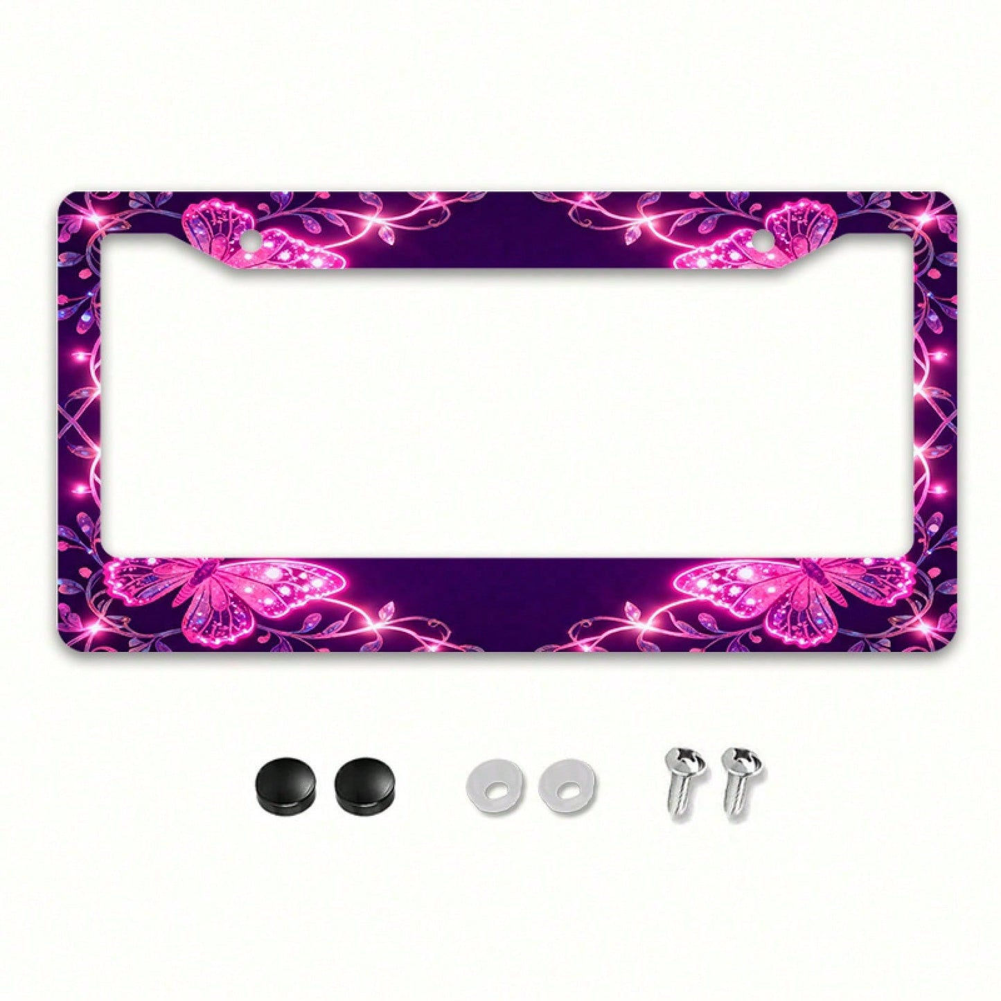 2D Flat 1pc License Plate Frame, Pink Butterflies And Glitter Lines Create A Dreamy Atmosphere, Suitable For North American And Most International Vehicles, Includes Mounting Screws, Secure Fit, UV-Re